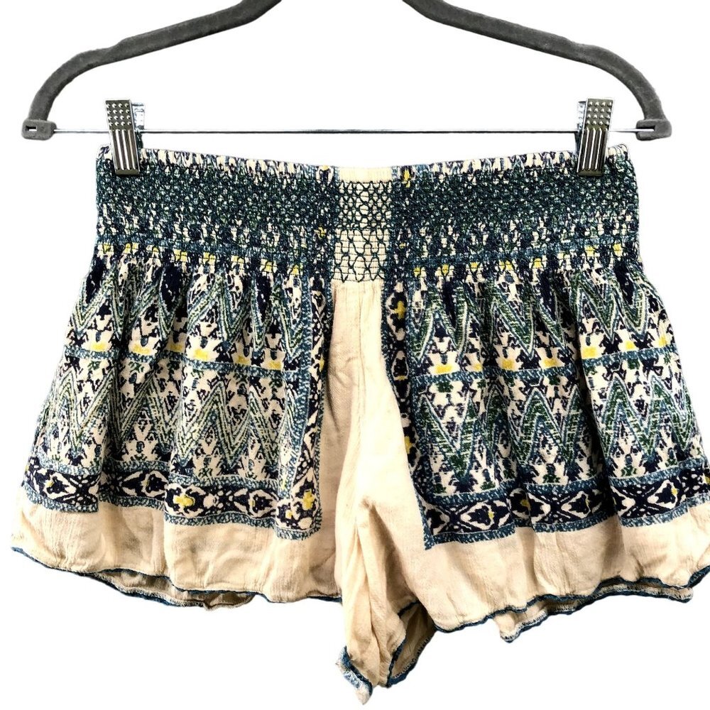 Free People Printed Smocked Waist Boho Festival Shorts Ivory Blue Flowy Pull On